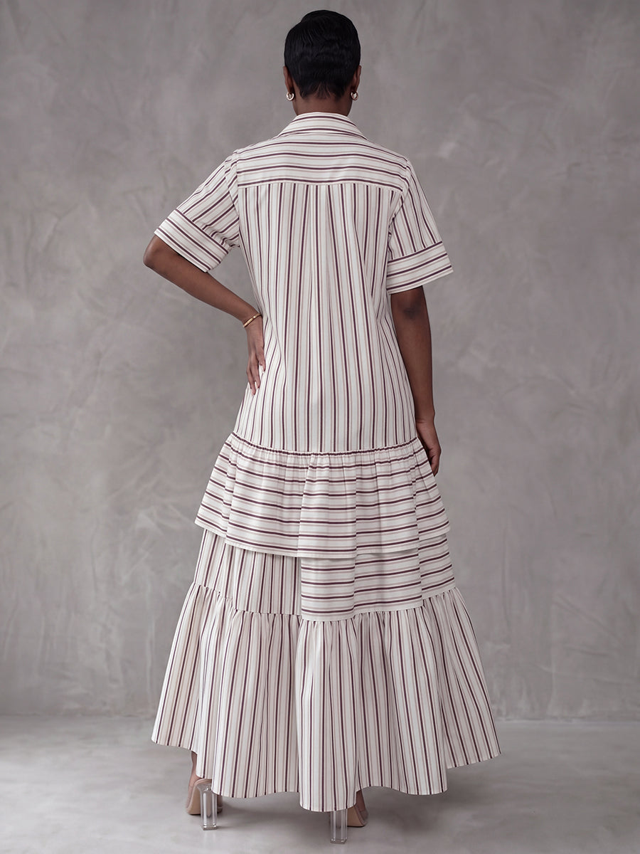 Buttoned Contrast Color Pleated Split-Joint Striped Half Sleeves Loose Lapel Shirt Dress Maxi Dresses