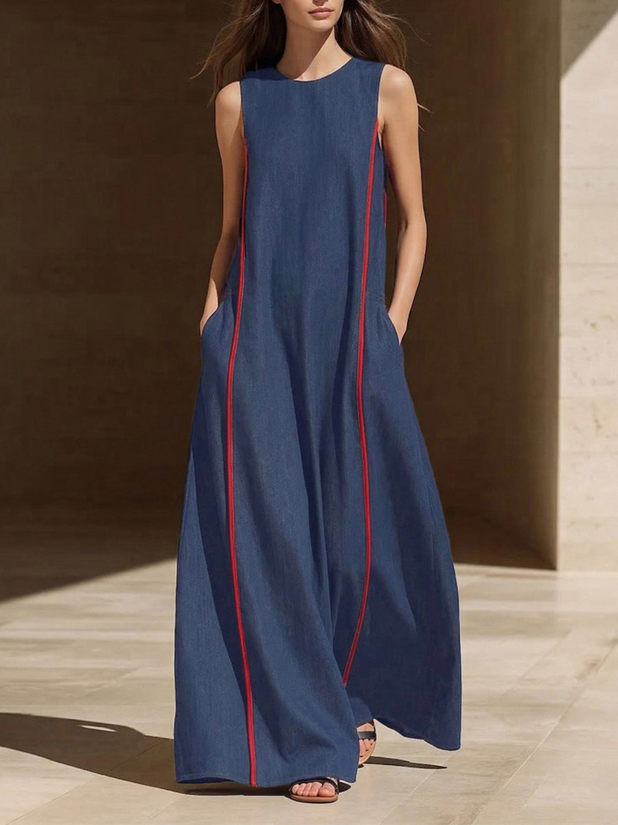 A-Line Loose Contrast Color Pockets Split-Joint Round-Neck Maxi Dresses