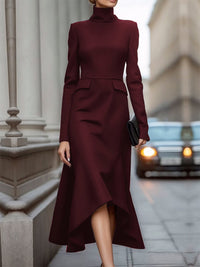 Long Sleeves Skinny Solid Color High Neck Midi Dresses