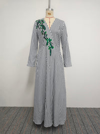 A-Line Loose Asymmetric Split-Joint Striped V-Neck Maxi Dresses Shirt Dress