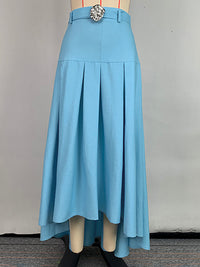 High Waisted High-Low Belted Pleated Solid Color Skirts Bottoms