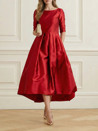 Pleated Pockets Solid Color Split-Joint A-Line Loose Round-Neck Midi Dresses