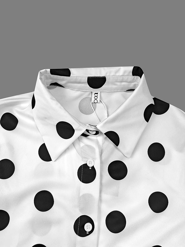 Buttoned Polka-Dot Split-Joint Long Sleeves Loose Lapel Blouses&shirts Tops