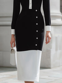 Buttoned Contrast Color Split-front Split-Joint High Waisted Long Sleeves Lapel Midi Dresses