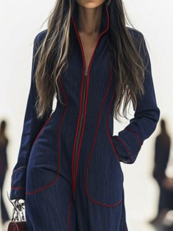 Zipper Long Sleeves Wide Leg Stand Collar Jumpsuits
