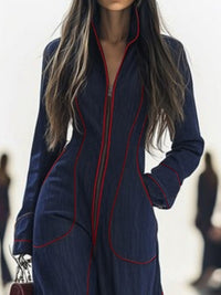 Zipper Long Sleeves Wide Leg Stand Collar Jumpsuits