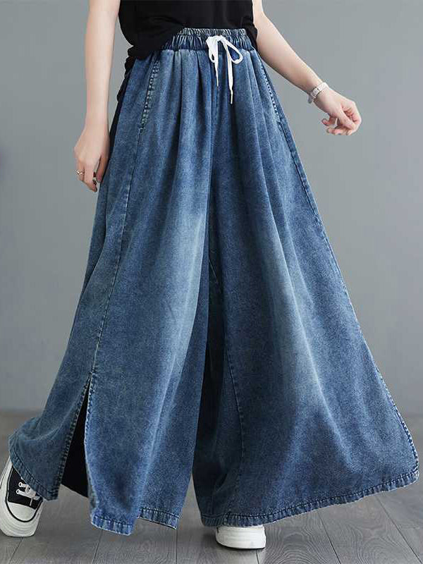 Loose Wide Leg Drawstring Split-Side Jean Pants Bottoms Trousers