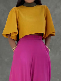 Contrast Color Pleated Cropped Flared Sleeves Stand Collar Blouses&Shirts Tops