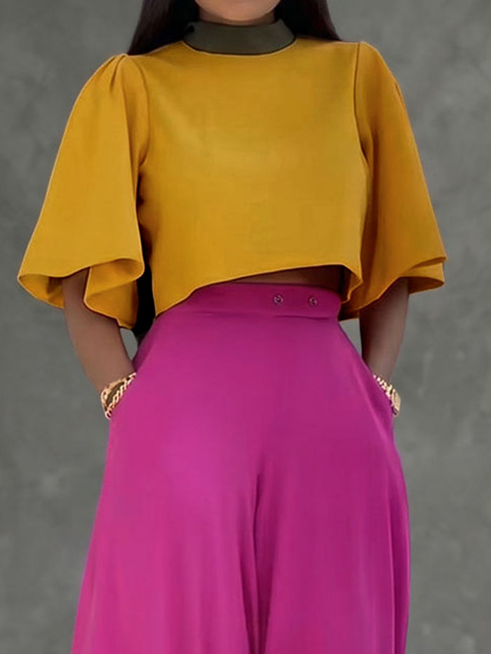 Contrast Color Pleated Cropped Flared Sleeves Stand Collar Blouses&Shirts Tops