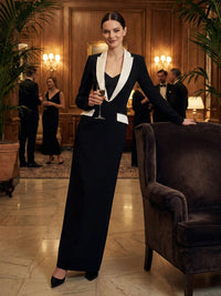 Long Sleeves Contrast Color Deep V-Neck Maxi Dresses