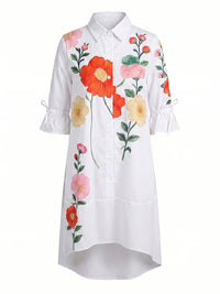 Buttoned Flower Print Pockets Split-Joint Tied A-Line Half Sleeves Lapel Midi Dresses