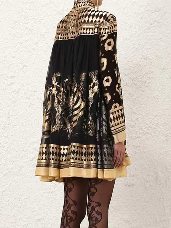 Bronzing Printed Split-Joint A-line Long Sleeves Mock Neck Mini Dresses