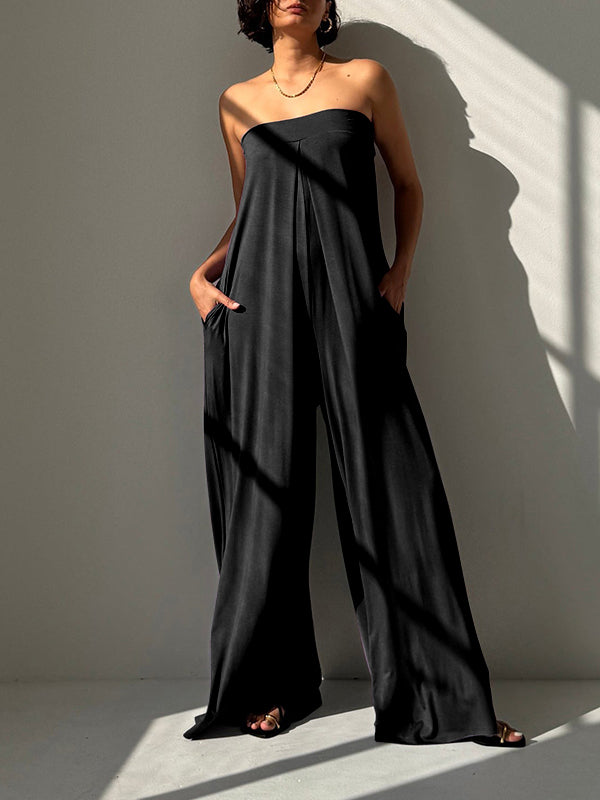 Elasticity Hollow Pleated Solid Color Sleeveless Wide Leg Tube Jumpsuits