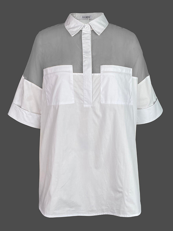 See-Through Solid Color Split-Joint Short Sleeves Lapel Blouses&shirts Tops