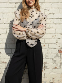 Long Sleeves Loose Buttoned Elasticity Polka-Dot Ruffle Trim See-Through V-Neck Blouses&Shirts Tops