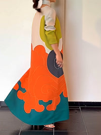 Printed Split-Joint Long Sleeves Loose Round-Neck Maxi Dresses