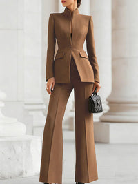Long Sleeves Buttoned Pockets Solid Color Stand Collar Blazer Outerwear