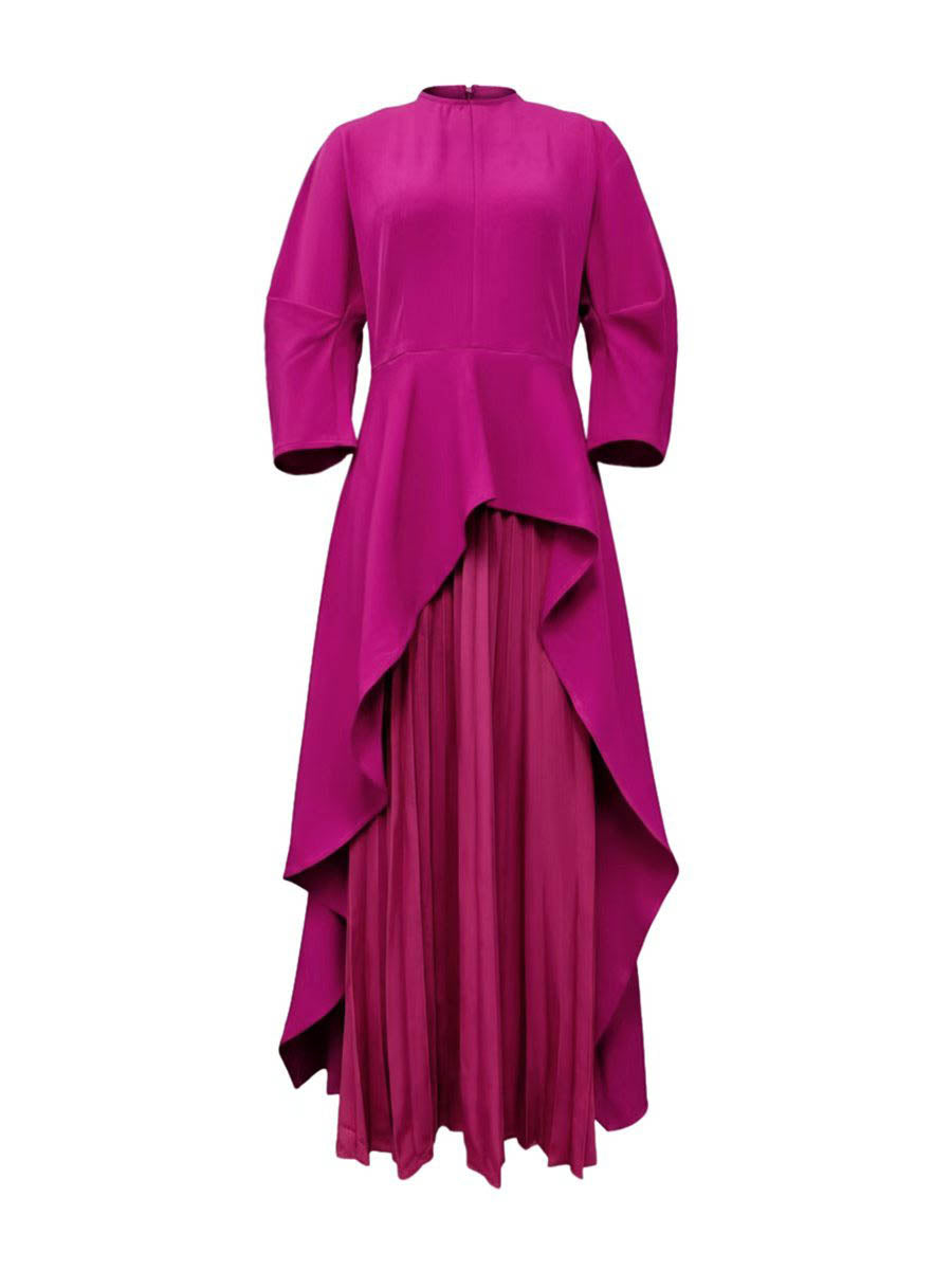 Long Sleeves Loose Pleated Solid Color Split-Joint Tiered Round-Neck Maxi Dresses