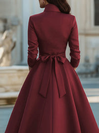 Buttoned Pockets Solid Color Split-Joint A-Line High Waisted Stand Collar Midi Dresses