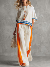 Pockets Striped High Waisted Loose Trousers Pants
