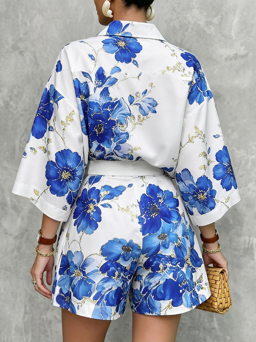 Buttoned Flower Print Loose Short Sleeves Lapel Blouses&Shirts Tops