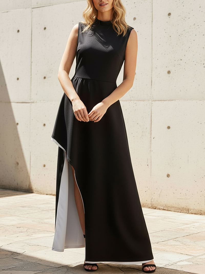 Contrast Color Irregular Clipping Skinny Round-Neck Maxi Dresses