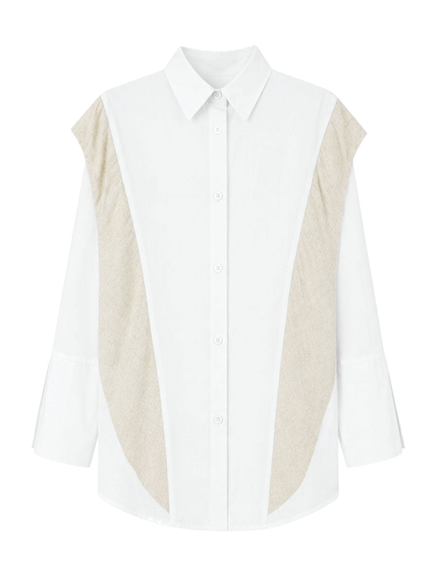Buttoned Contrast Color Split-Joint Flared Sleeves Long Sleeves Lapel Blouses&Shirts Tops