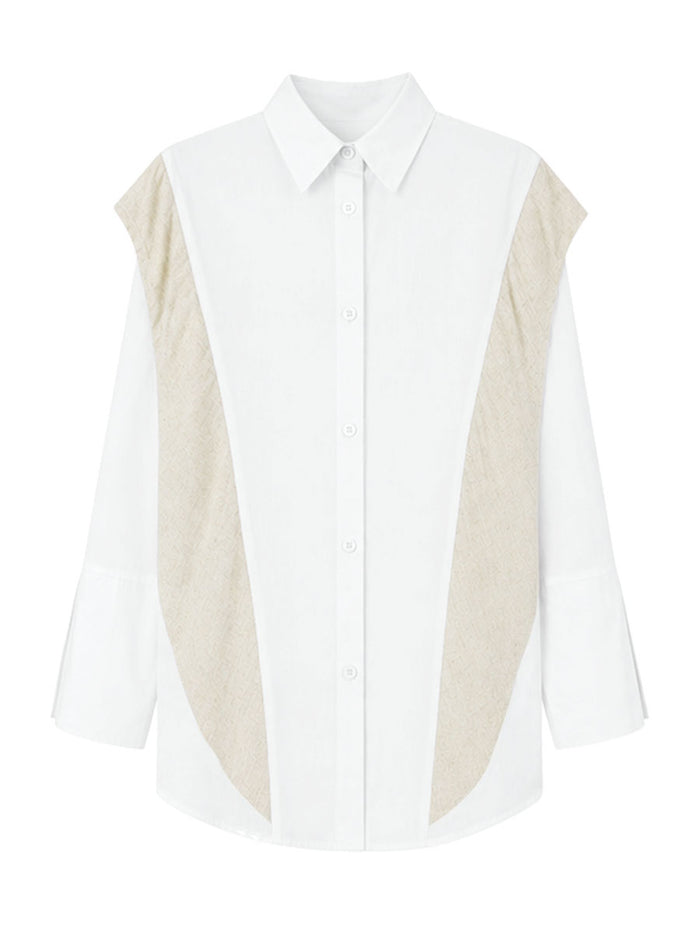 Buttoned Contrast Color Split-Joint Flared Sleeves Long Sleeves Lapel Blouses&Shirts Tops