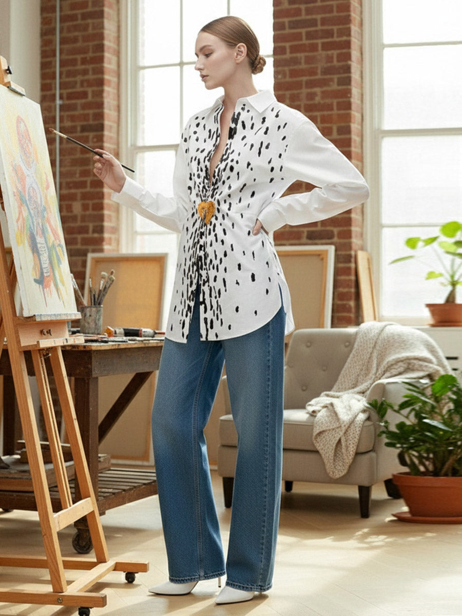 Long Sleeves Loose Brooch Elasticity Heart Shape Pleated Print Lapel Collar Blouses&Shirts Tops