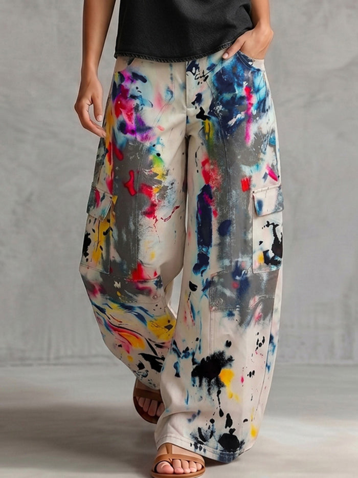 High Waisted Wide Leg Buttoned Contrast Color Graffiti Printed Pockets Jean Pants Bottoms