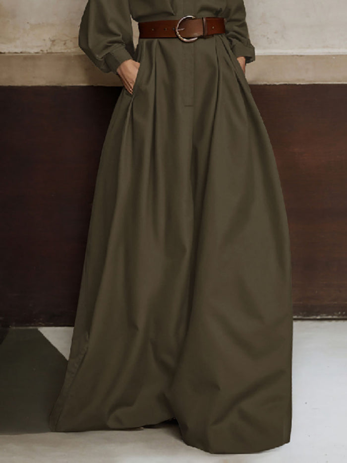 Long Sleeves Loose Buttoned No Belt Solid Color V-neck Jumpsuits