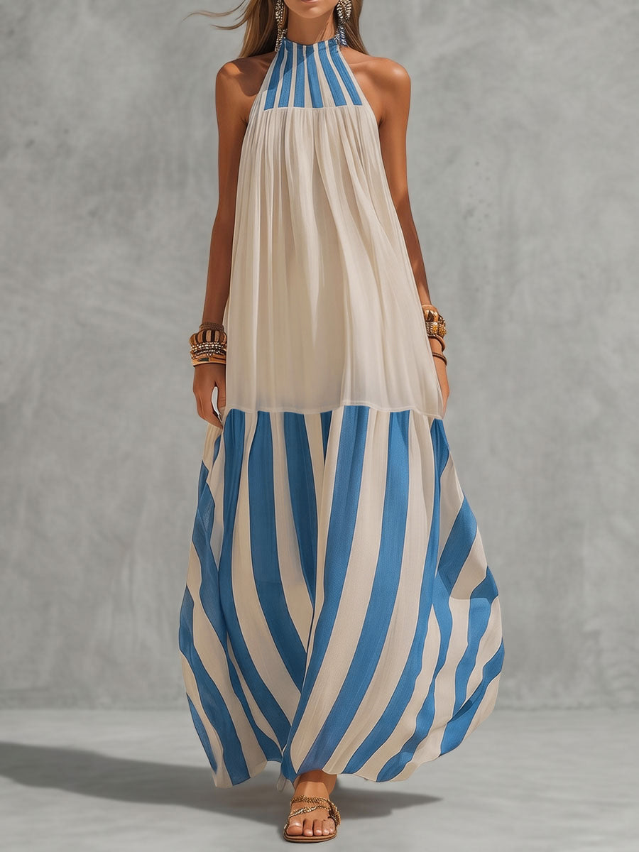 Contrast Color Pleated Striped A-Line Loose Halter-Neck Maxi Dresses