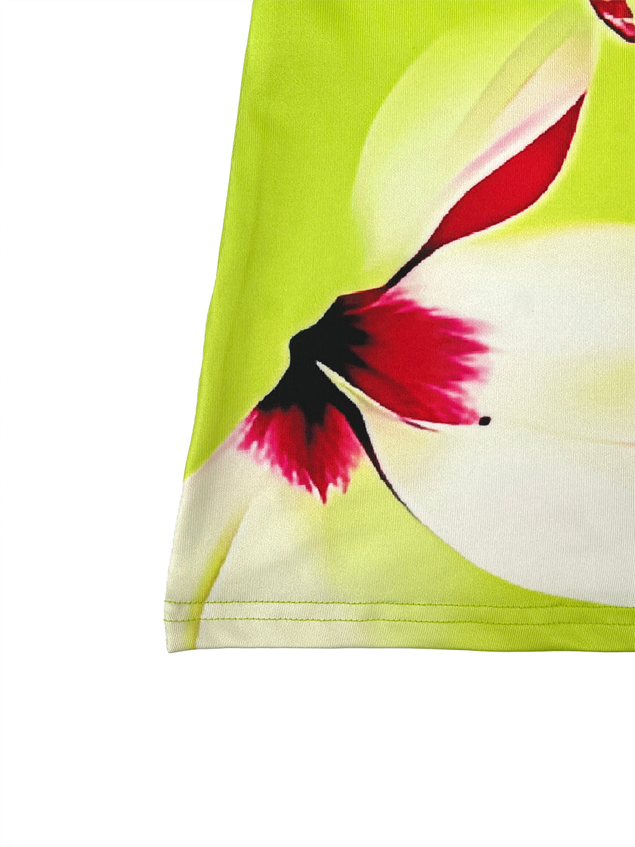 Long Sleeves Contrast Color Flower Print Split-Joint Round-Neck T-Shirts Tops