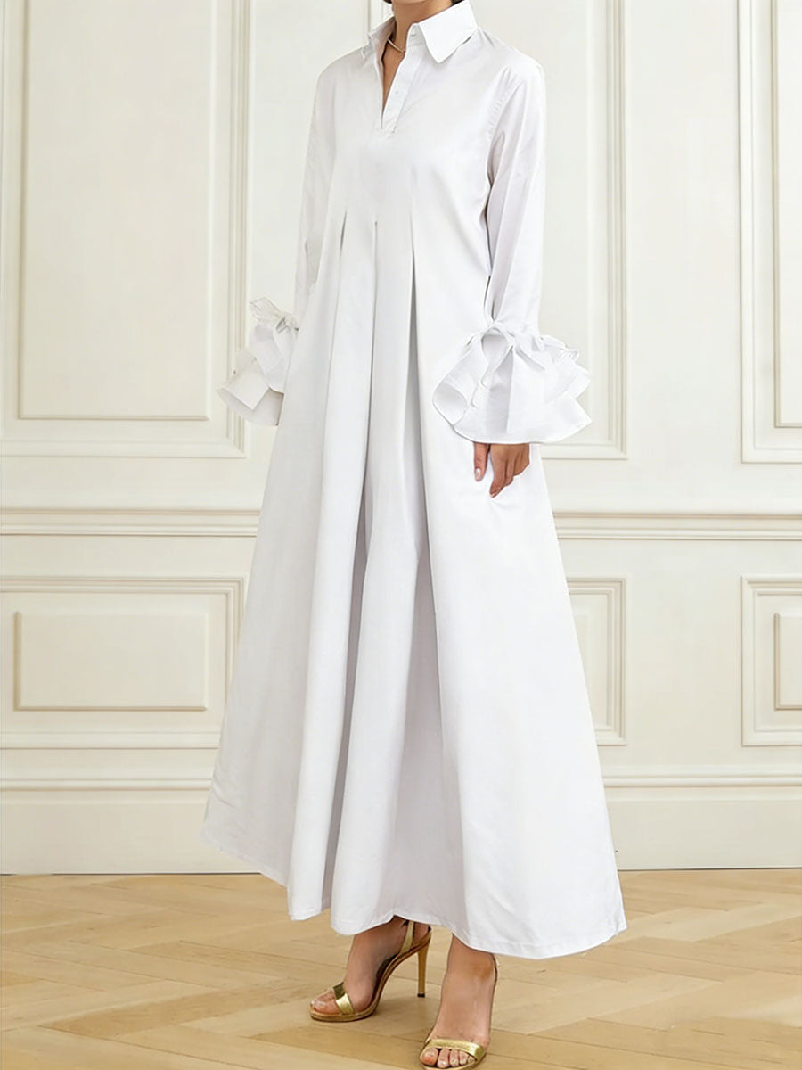 Pleated Solid Color Split-Joint Flared Sleeves Lapel Shirt Dress Maxi Dresses