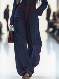 Zipper Long Sleeves Wide Leg Stand Collar Jumpsuits