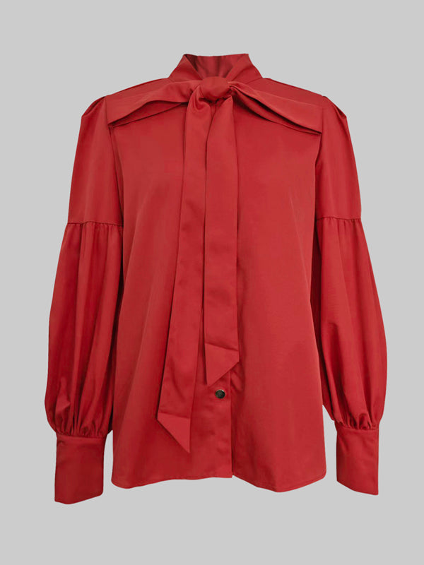 Puff Sleeves Bowknot Solid Color Stand Collar Blouses&Shirts Tops