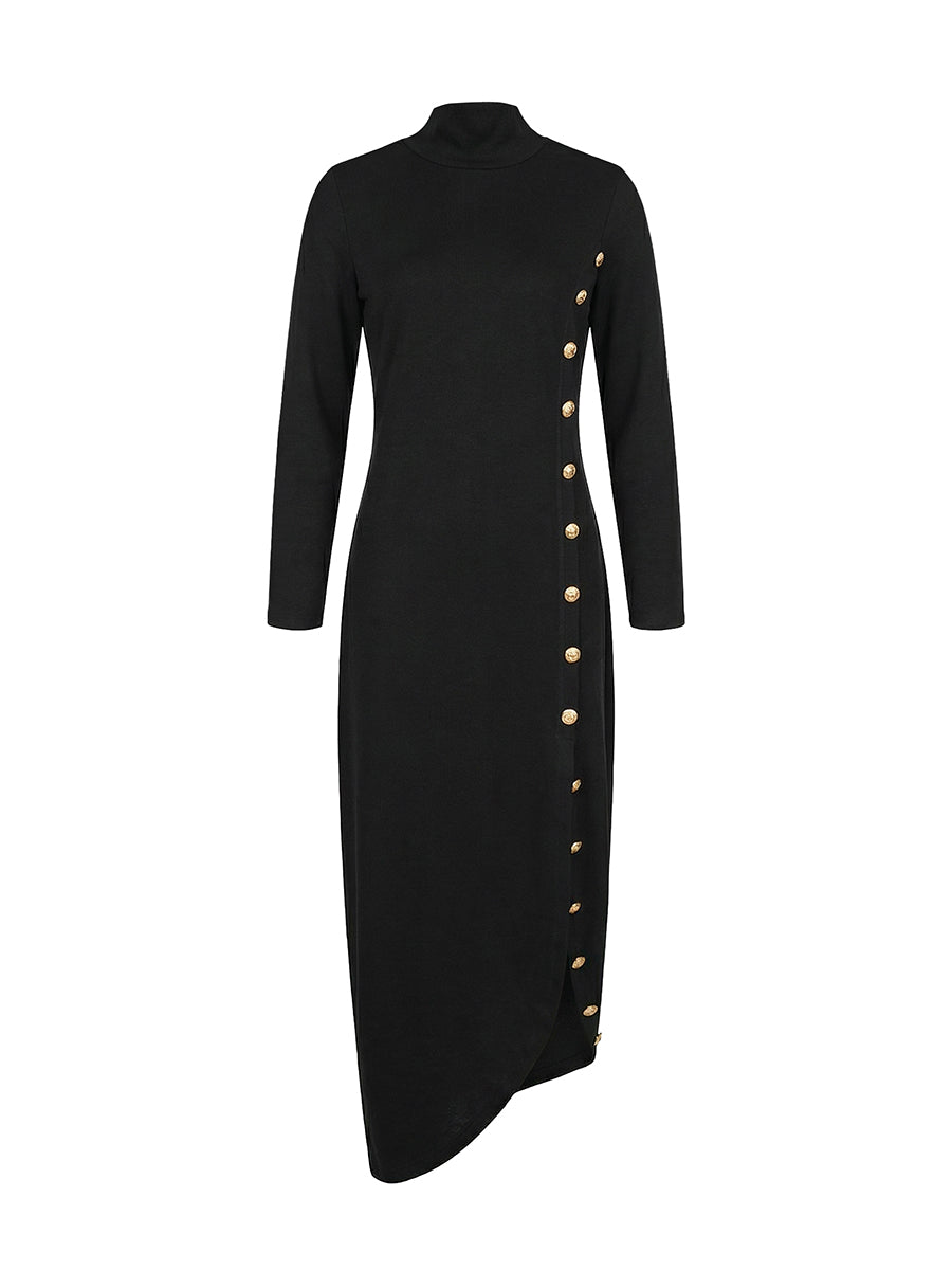 Asymmetric Buttoned Split-Joint Split-Side Long Sleeves Loose Mock Neck Maxi Dresses