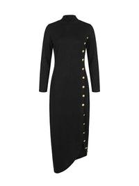 Asymmetric Buttoned Split-Joint Split-Side Long Sleeves Loose Mock Neck Maxi Dresses