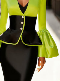 Buttoned Pleated Split-Joint Flared Sleeves Long Sleeves V-Neck Outerwear