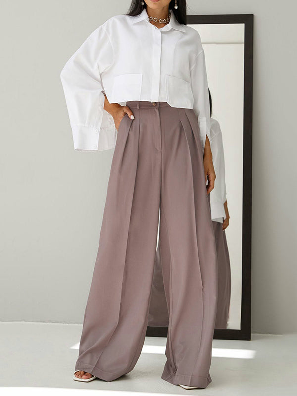 High Waisted Loose Pleated Solid Color Split-Joint Suit Pants Trousers