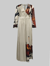 Long Sleeves Loose Floral Printed Pleated Split-Joint V-Neck Jumpsuits