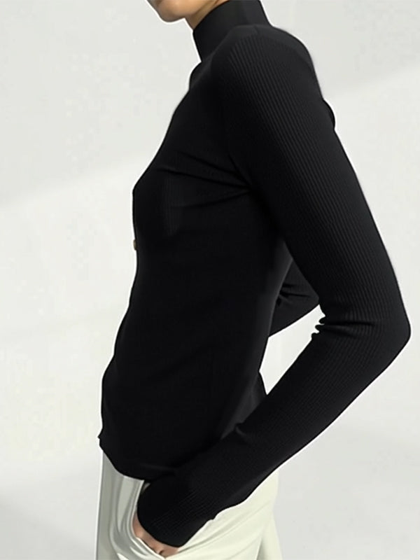 Buttoned Solid Color Long Sleeves Skinny High Neck T-Shirts Tops