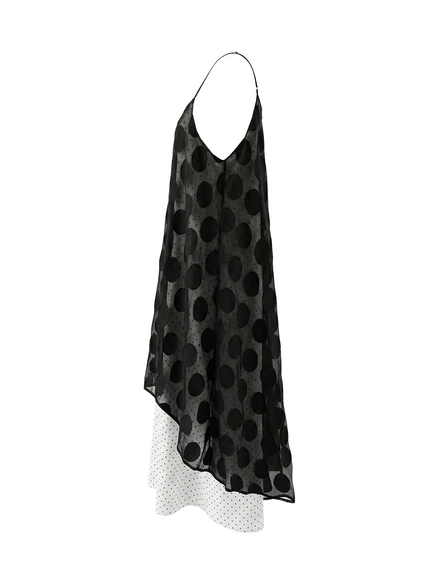False Two Sleeveless Contrast Color Polka Dot See-Through Spaghetti-Neck Midi Dresses Slip Dress