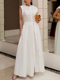 Buttoned Solid Color Split-Side Tied Waist Cap Sleeve Loose Shirt Dress Maxi Dresses