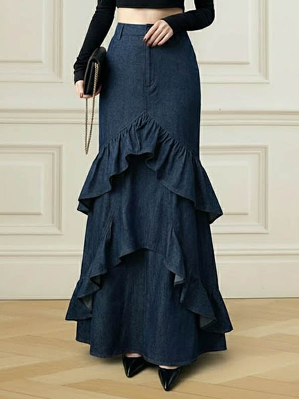 Bodycon High Waisted Ruffled Solid Color Split-Joint Skirts Bottoms