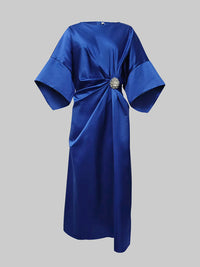 Loose Three-Quarter Sleeves Asymmetric Pleated Split-Joint Round-Neck Maxi Dresses