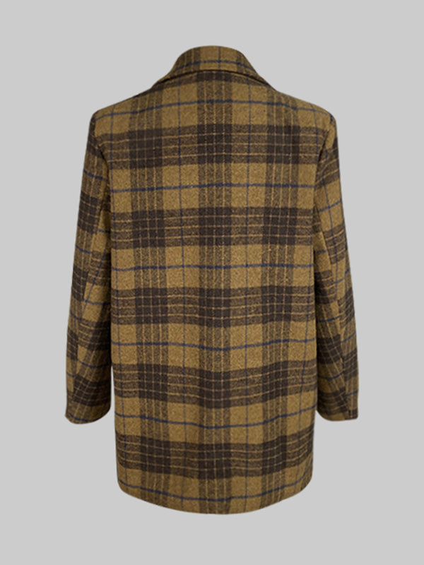 Plaid Split-Joint Lapel Woolen Coat Jackets