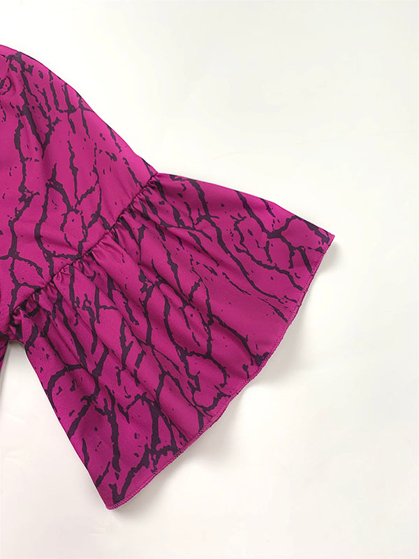 Flared Sleeves Half Sleeves Asymmetric Layered Pleated Printed Ruffle Trim Round-Neck Maxi Dresses