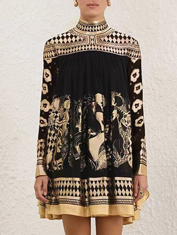 Bronzing Printed Split-Joint A-line Long Sleeves Mock Neck Mini Dresses