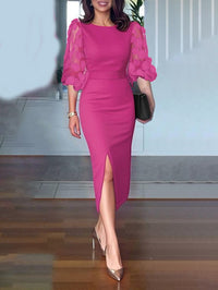 Bodycon High Waisted Solid Color Split-Front Split-Joint Round-Neck Midi Dresses